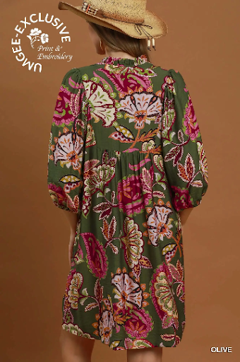 UMGEE Abstract Print Puff Sleeve Babydoll Dress