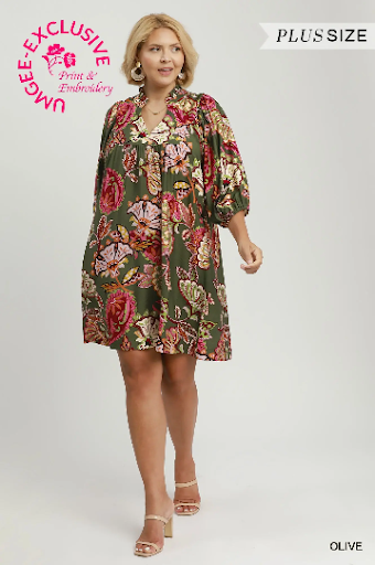 UMGEE Abstract Print Puff Sleeve Babydoll Dress