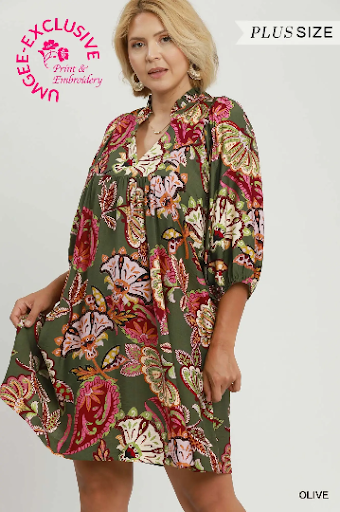 UMGEE Abstract Print Puff Sleeve Babydoll Dress