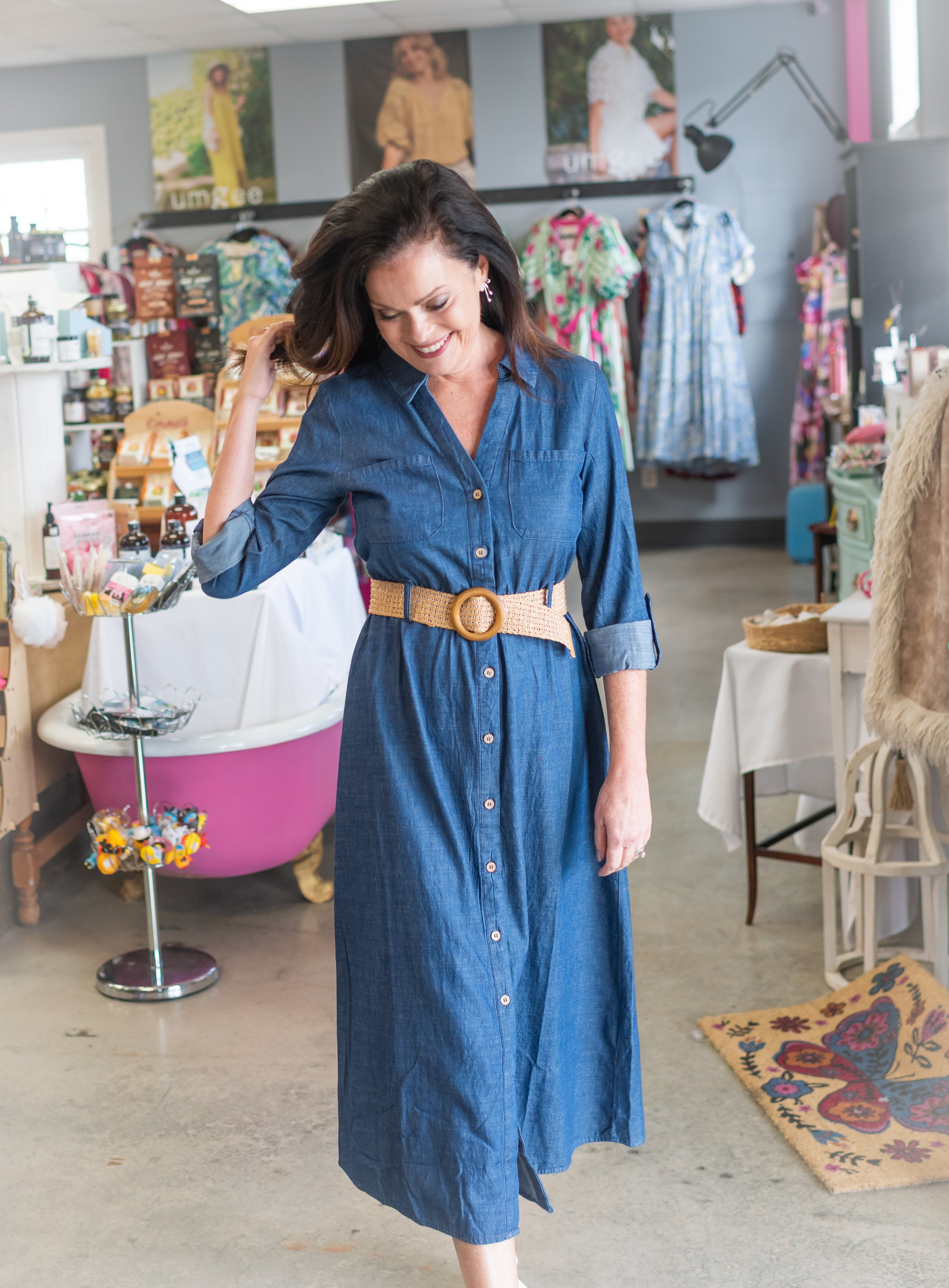 3/4 TAB SLEEVE BUTTON DOWN BELTED DENIM DRESS