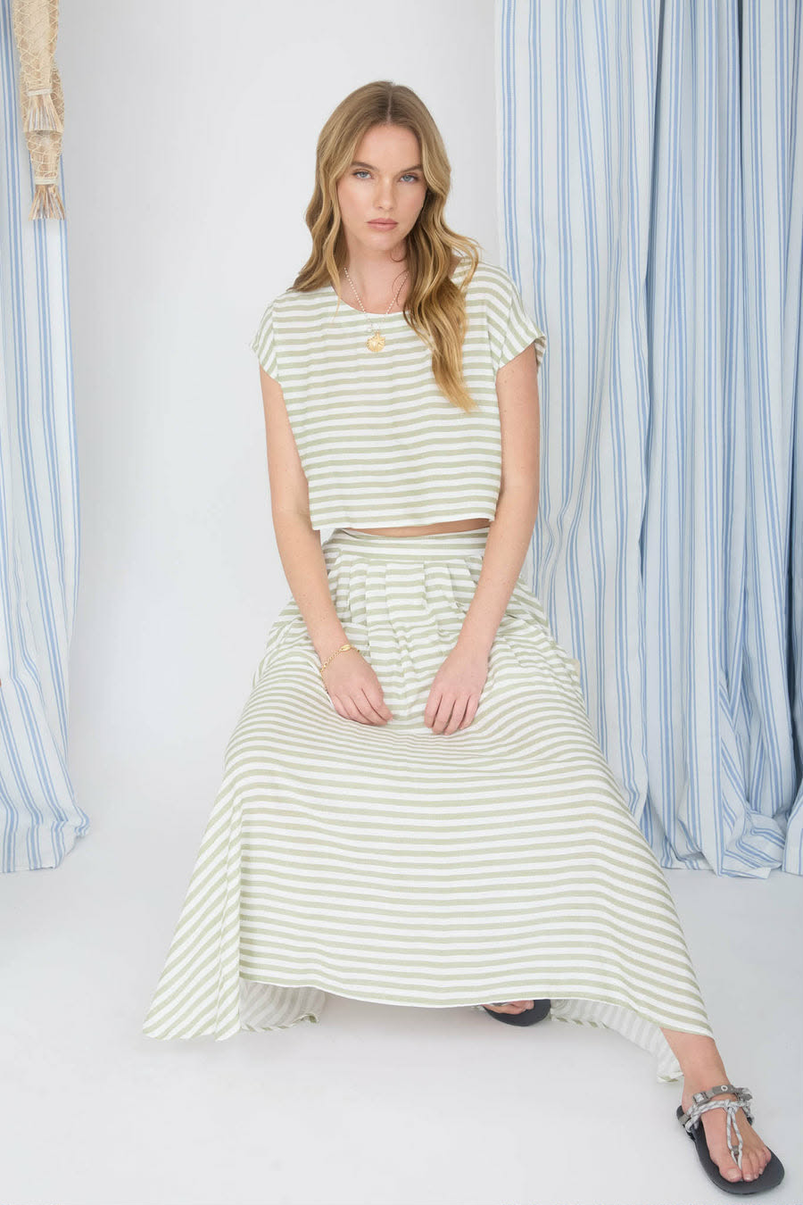 Stripe High Waist Pleated Midi Skirt