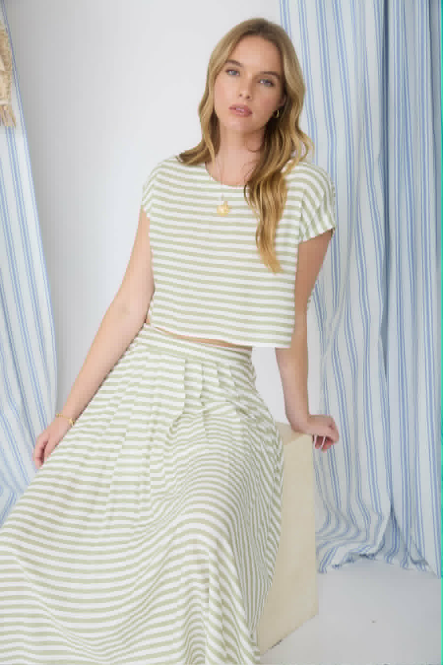 Stripe High Waist Pleated Midi Skirt