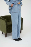 WASHED CHAMBRAY ELASTIC WAIST WIDE LEG PANTS