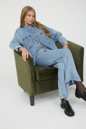 WASHED CHAMBRAY ELASTIC WAIST WIDE LEG PANTS