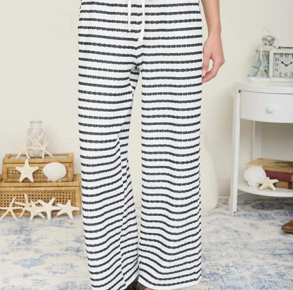 Textured Stripe Drawstring Wide Leg Lounge Pants Black