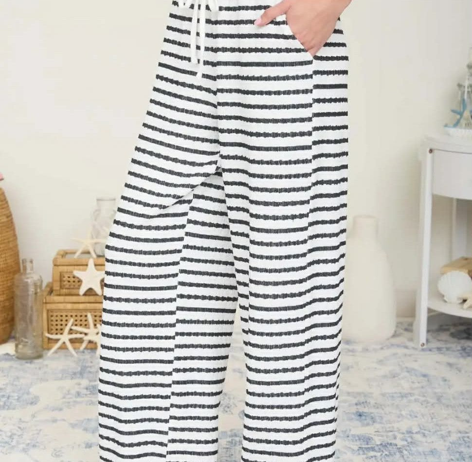 Textured Stripe Drawstring Wide Leg Lounge Pants Black
