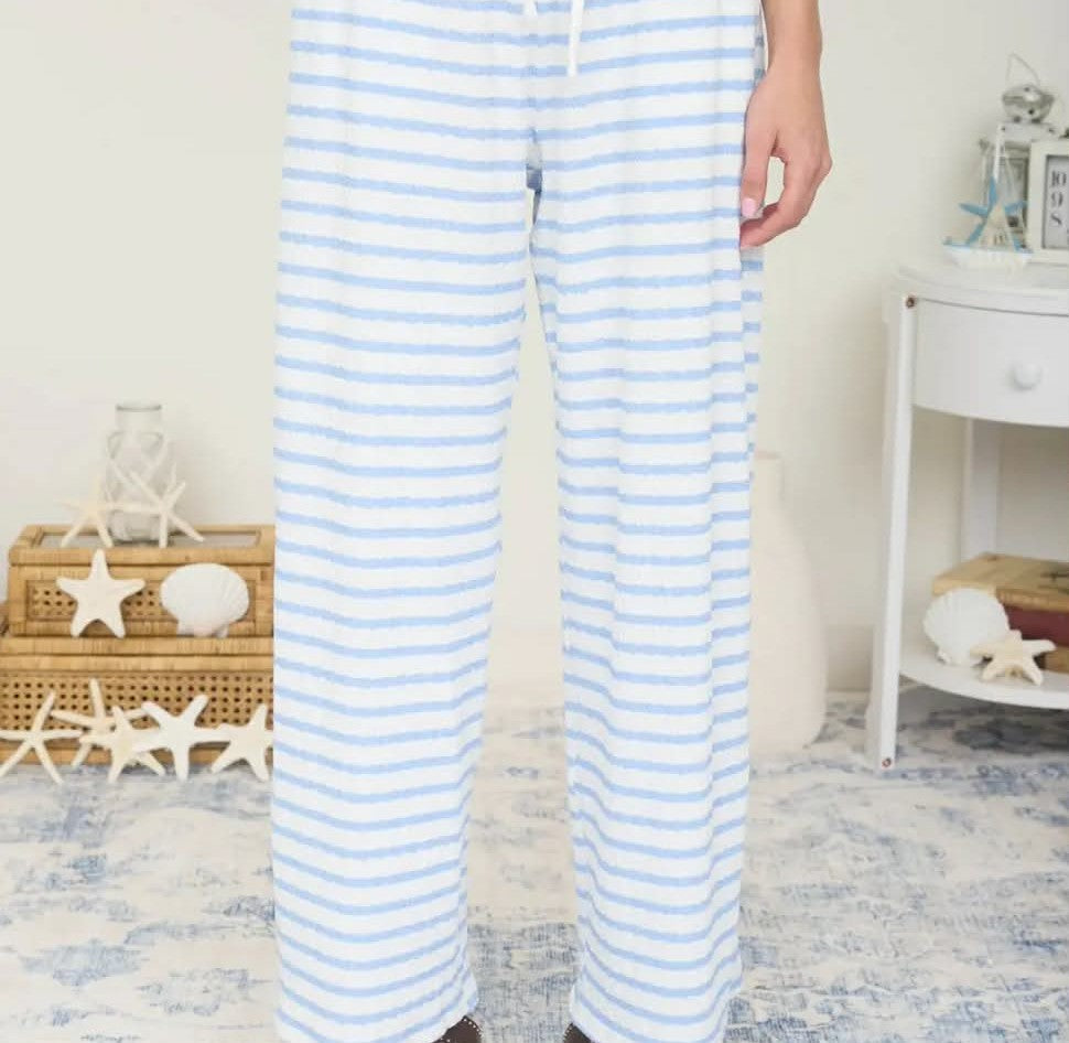 Textured Stripe Drawstring Wide Leg Lounge Pants Blue