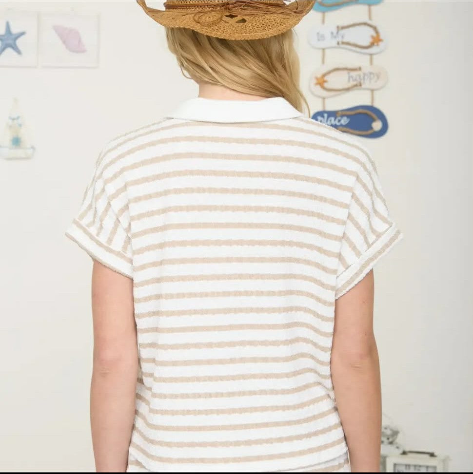 Textured Stripe Short Sleeve Knit T-Shirt Khaki