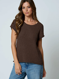 Crew Neck Raw Sleeve Relaxed Sweater Knit Top Chocolate Brown