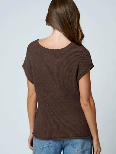Crew Neck Raw Sleeve Relaxed Sweater Knit Top Chocolate Brown