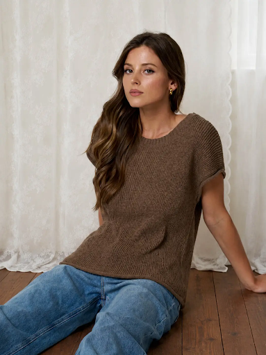 Crew Neck Raw Sleeve Relaxed Sweater Knit Top Mocha