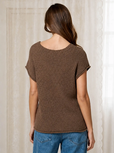 Crew Neck Raw Sleeve Relaxed Sweater Knit Top Mocha