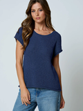 Crew Neck Raw Sleeve Relaxed Sweater Knit Top Navy