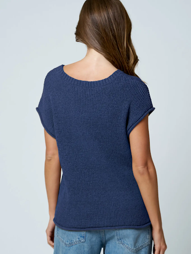 Crew Neck Raw Sleeve Relaxed Sweater Knit Top Navy