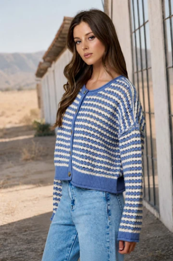 TEXTURED STRIPE CROCHET KNIT BUTTON DOWN CARDIGAN DUSTY BLUE