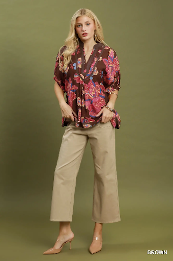 Floral Print V-Neck Relaxed Fit Top Brown