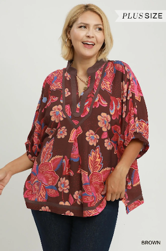Floral Print V-Neck Relaxed Fit Top Brown