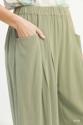 Linen Blend Wide Leg Pocket Pants Sage
