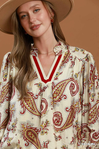 Paisley Print V-Neck Puff Sleeve Blouse