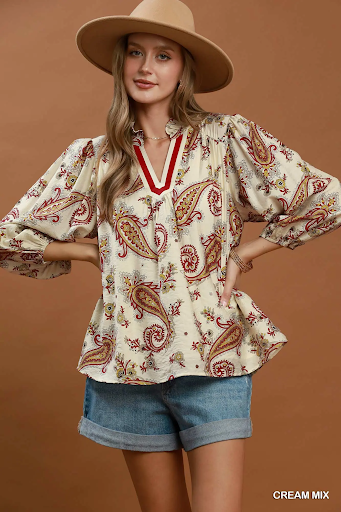 Paisley Print V-Neck Puff Sleeve Blouse