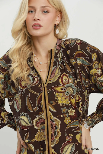 Floral Print Long Sleeve Blouse Brown