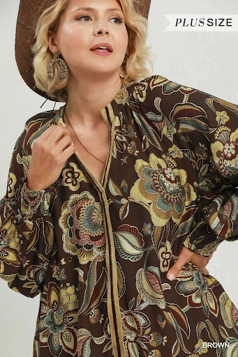 Floral Print Long Sleeve Blouse Brown