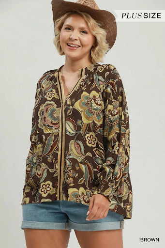 Floral Print Long Sleeve Blouse Brown