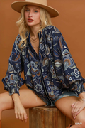 Floral Print Long Sleeve Blouse Navy