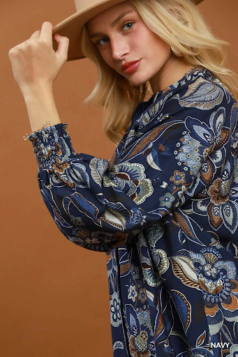Floral Print Long Sleeve Blouse Navy