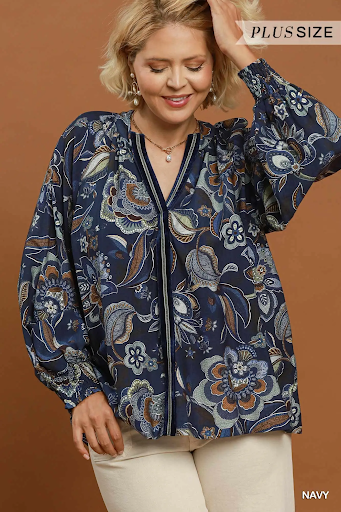 Floral Print Long Sleeve Blouse Navy