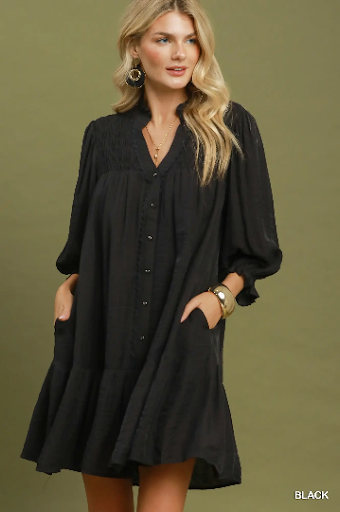 UMGEE Solid Smocked Yoke Button Front Mini Dress