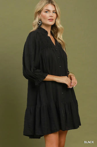 UMGEE Solid Smocked Yoke Button Front Mini Dress