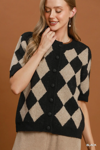 Argyle Button Front Short Sleeve Knit Cardigan