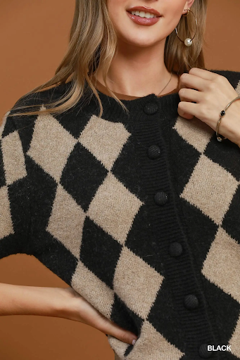 Argyle Button Front Short Sleeve Knit Cardigan