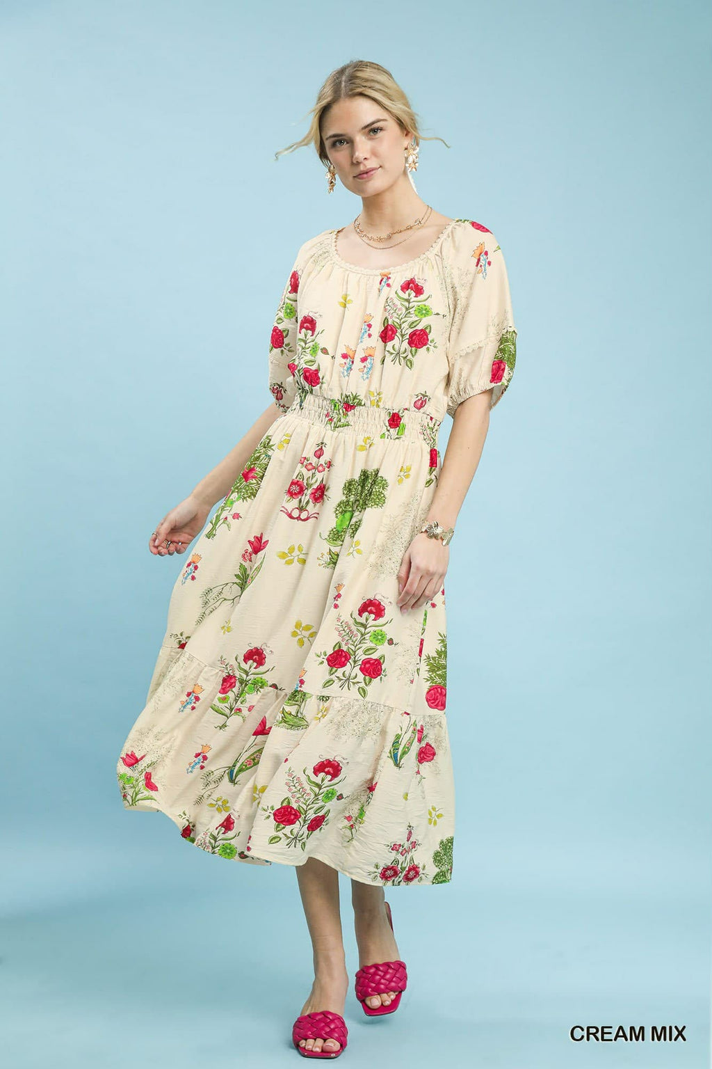 Mix Floral Smocked Waist Midi Dress