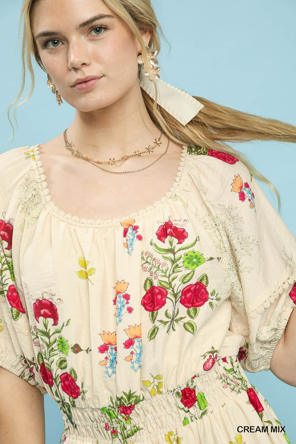 Mix Floral Smocked Waist Midi Dress