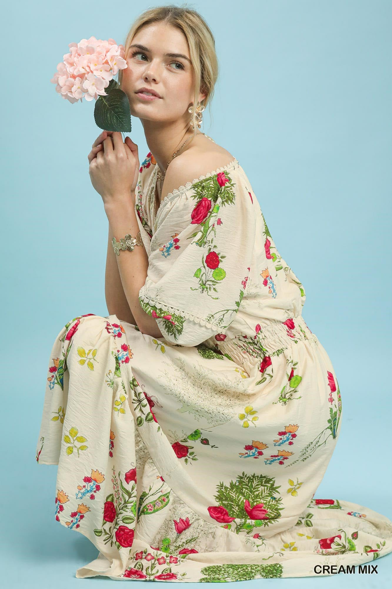 Mix Floral Smocked Waist Midi Dress