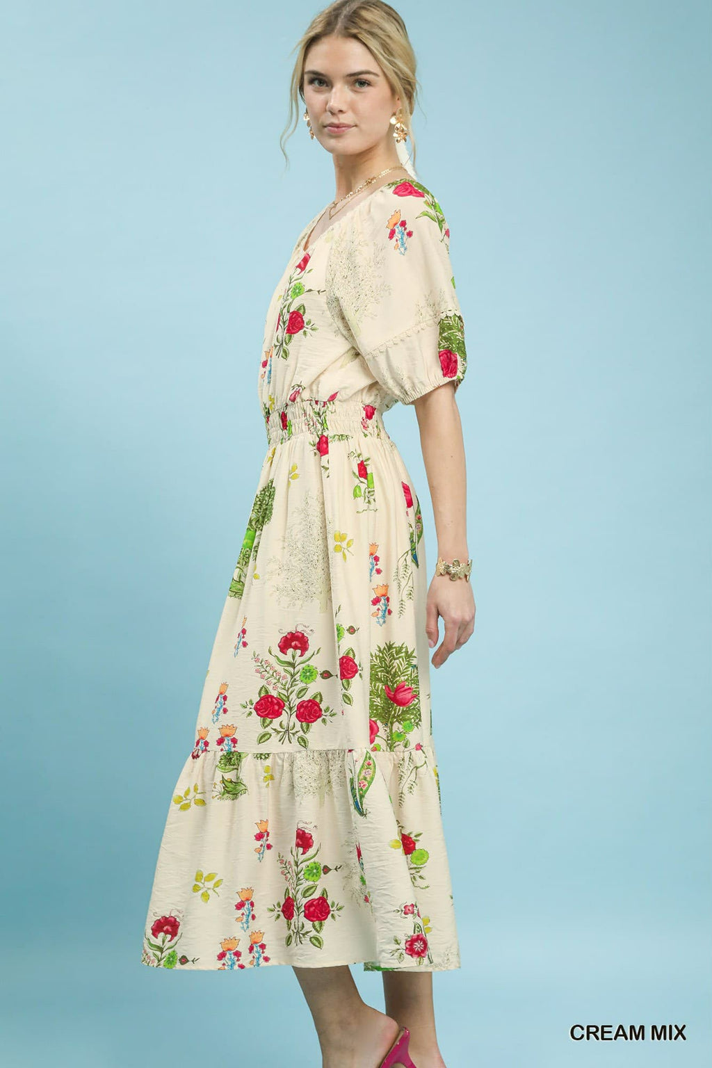 Mix Floral Smocked Waist Midi Dress