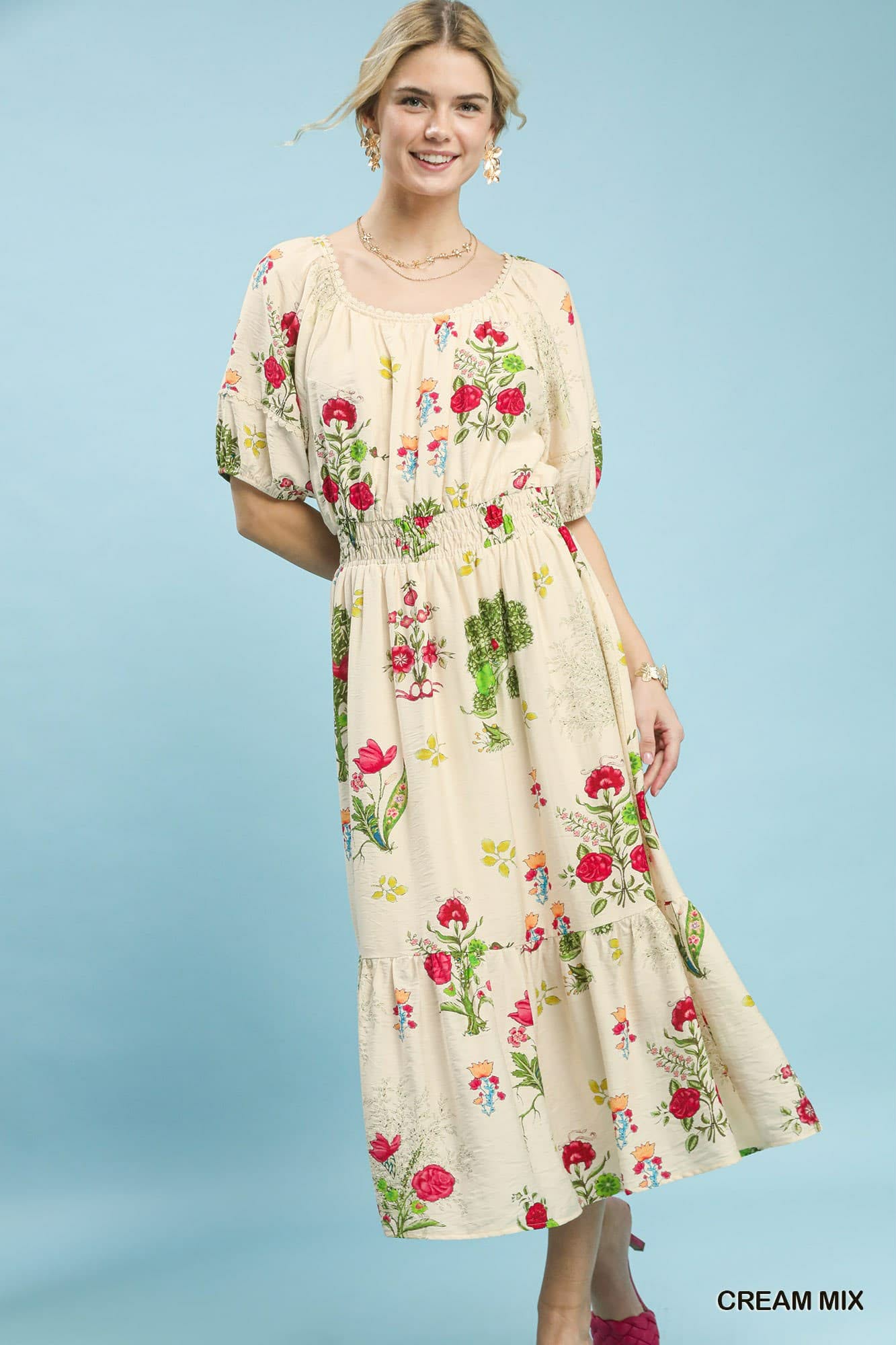 Mix Floral Smocked Waist Midi Dress
