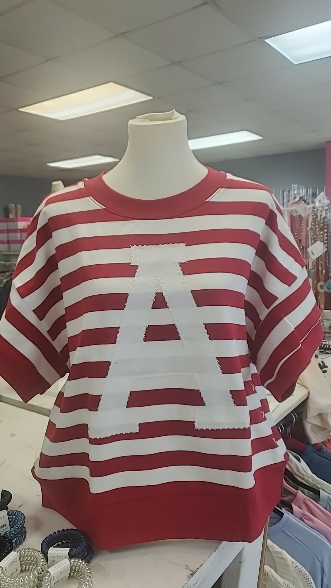 BAMA Striped Oversized Short Sleeve Sweatshirt with Varsity Letter Applique