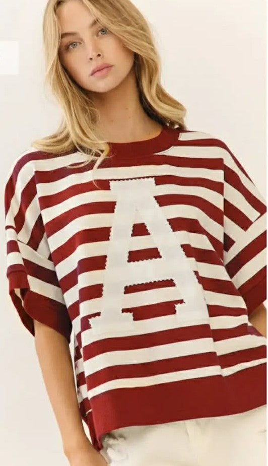 BAMA Striped Oversized Short Sleeve Sweatshirt with Varsity Letter Applique