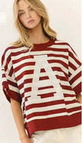 BAMA Striped Oversized Short Sleeve Sweatshirt with Varsity Letter Applique