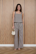 Stripe Waist Tie Strap Detail Linen Pants Brown and Cream