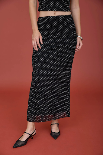 POLKA DOT MESH PENCIL MIDI SKIRT BLACK