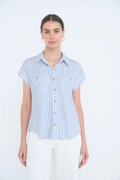 STRIPE COLLARED SHORT SLEEVE BUTTON DOWN TOP DUSTY BLUE