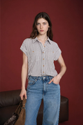 STRIPE COLLARED SHORT SLEEVE BUTTON DOWN TOP CHARCOAL