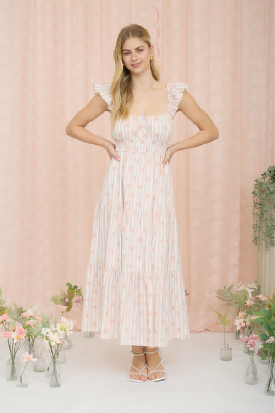 STRIPE FLORAL FLOUNCE STRAP TIERED MIDI DRESS