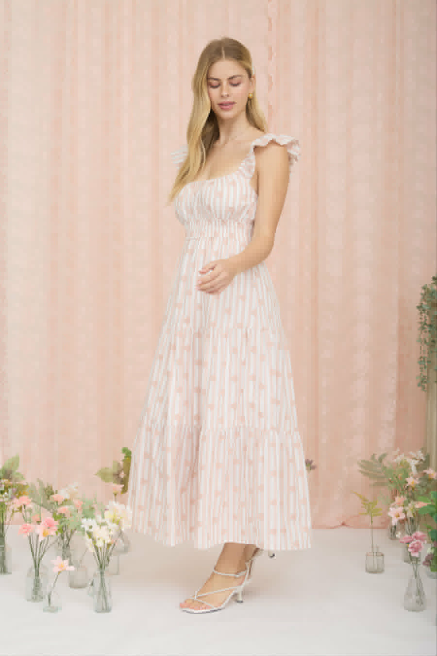STRIPE FLORAL FLOUNCE STRAP TIERED MIDI DRESS