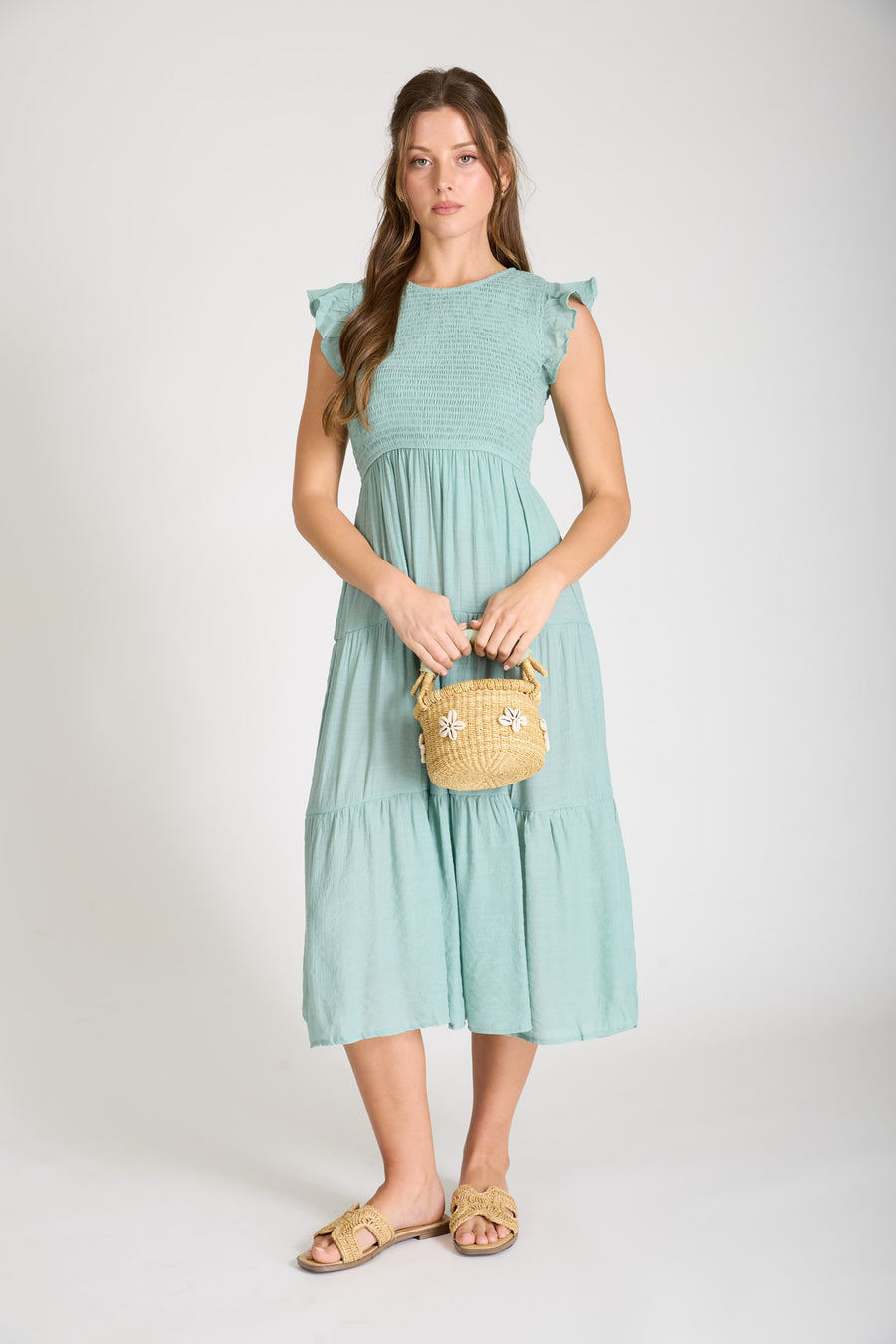 TIERED SMOCKED SHORT SLEEVE MIDI DRESS SAGE