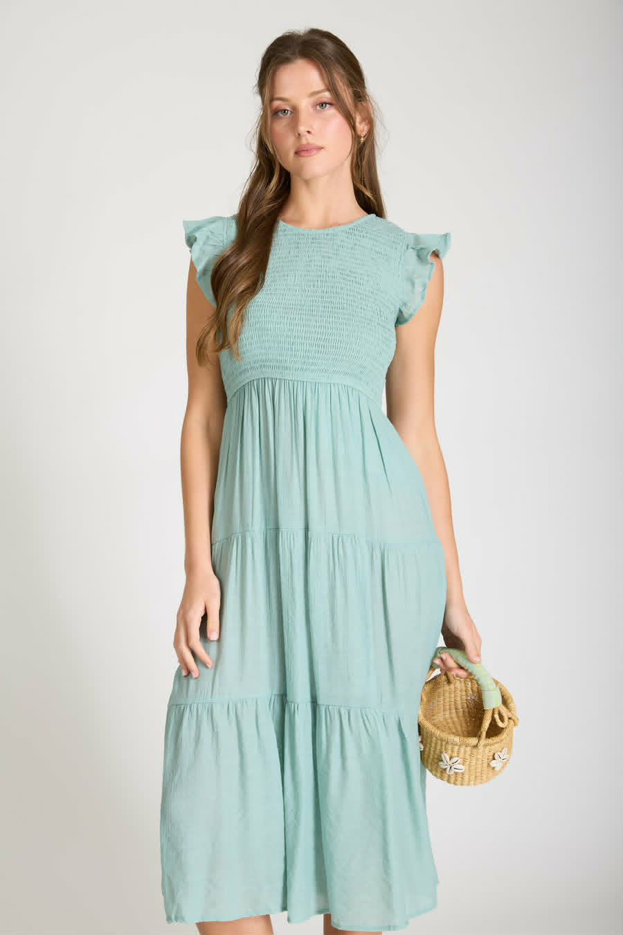 TIERED SMOCKED SHORT SLEEVE MIDI DRESS SAGE
